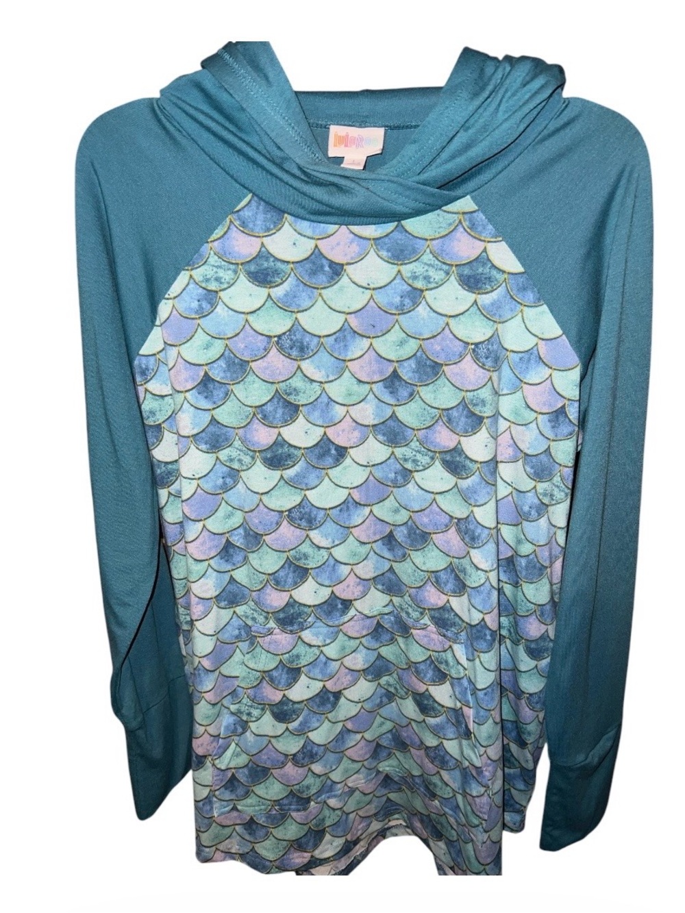 LuLaRoe Teal Hooded Pullover with Pastel Scale Accents